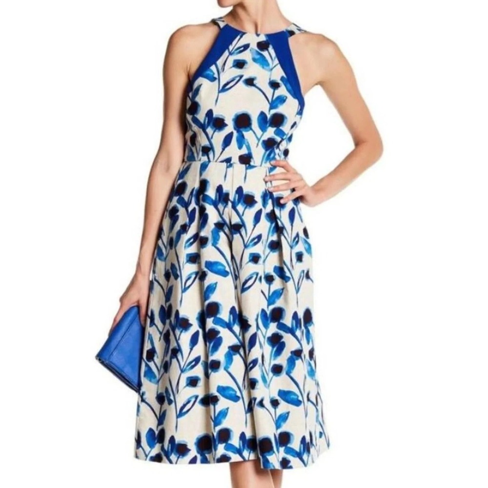 Eva Franco Floral Cutout Fit & Flare Dress 6 Blue Wedding Guest Cocktail CP6288